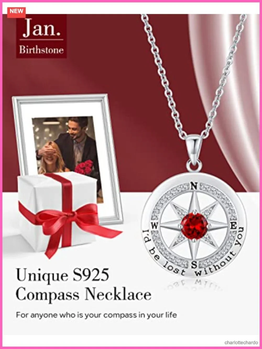 S925 Sterling Silver Compass Necklace Cubic Zirconia Pendant for Women